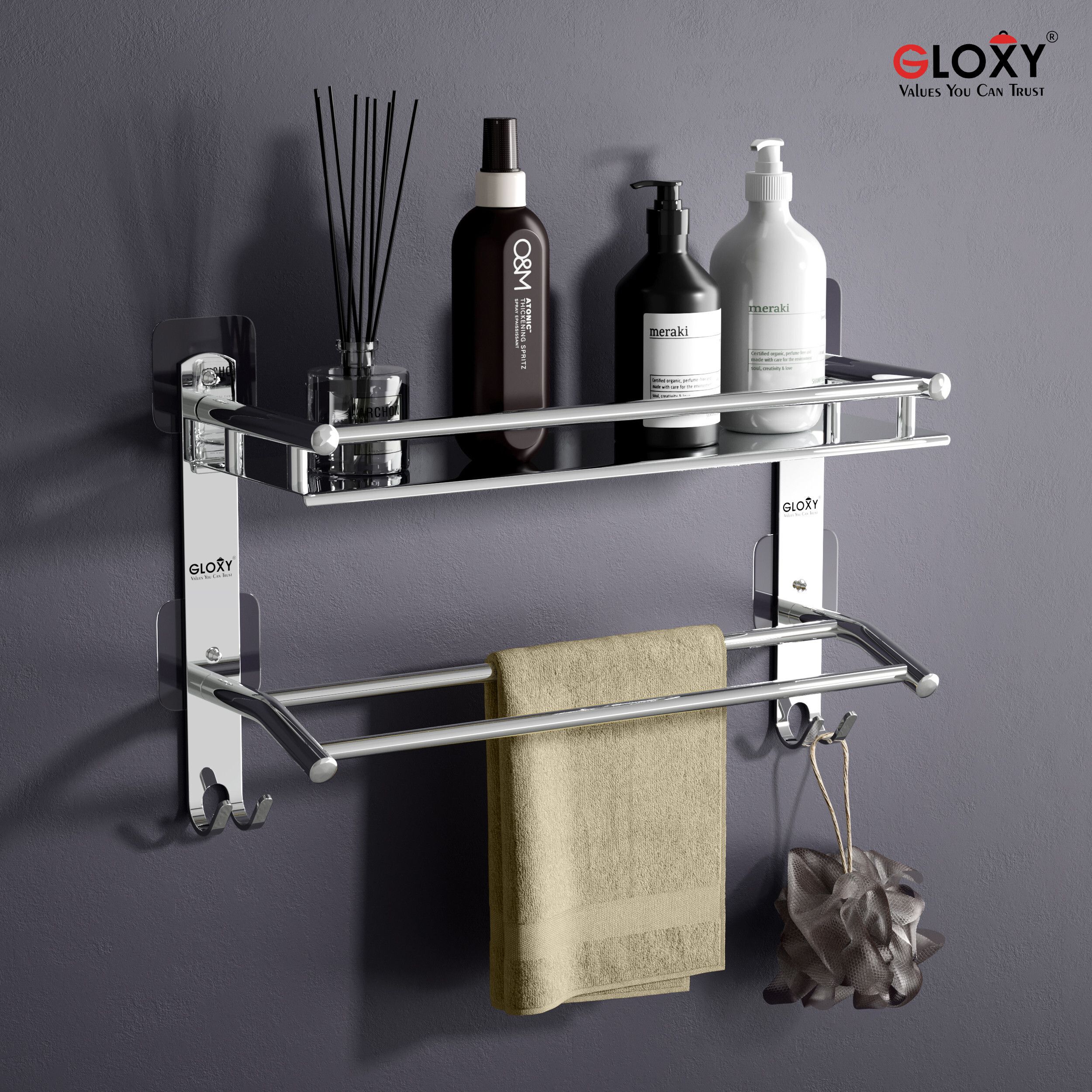 2 Layer Shelf Adhesive Bathroom Shelf with Double Towel and Loofa Holder Stainless Steel Toilet Paper Holder-image-49