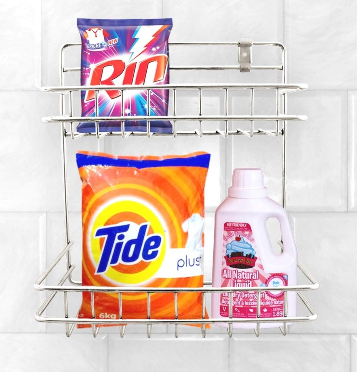 nurah Stainless Steel Chrome Bathroom Detergent Holder Multipurpose Rack Steel Wall Shelf-picture-38