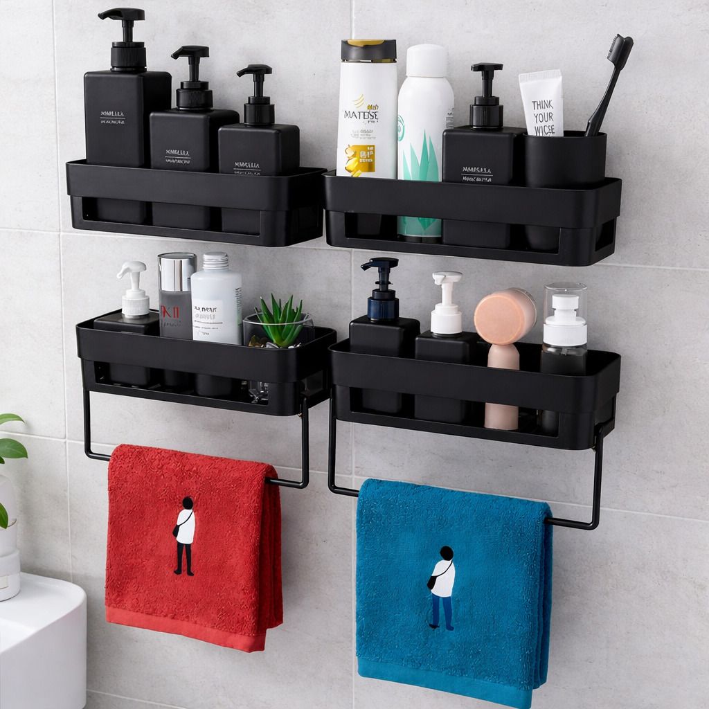 6PCS Matte Black Wall Mounted Bathroom Rack/Black Storage Rack with Towel Bar Plastic Wall Shelf-image-33