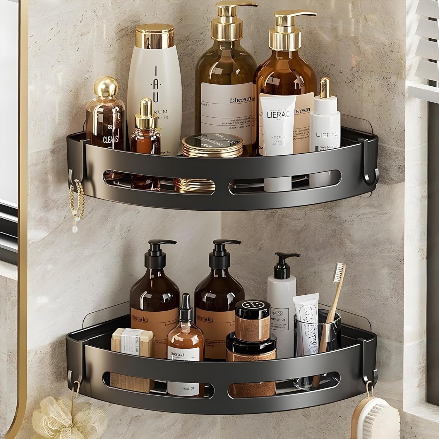 zubeen 2 Pc Aluminium Bathroom Corner Shelf Self Adhesive Wall Mount Black Stainless Steel, Aluminium Wall Shelf-picture-15