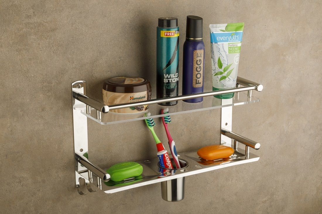 well set Multipurpose Double Soap Dish/Tumbler Holder/Bathroom Accessories Acrylic Stainless Steel Wall Shelf-picture-27
