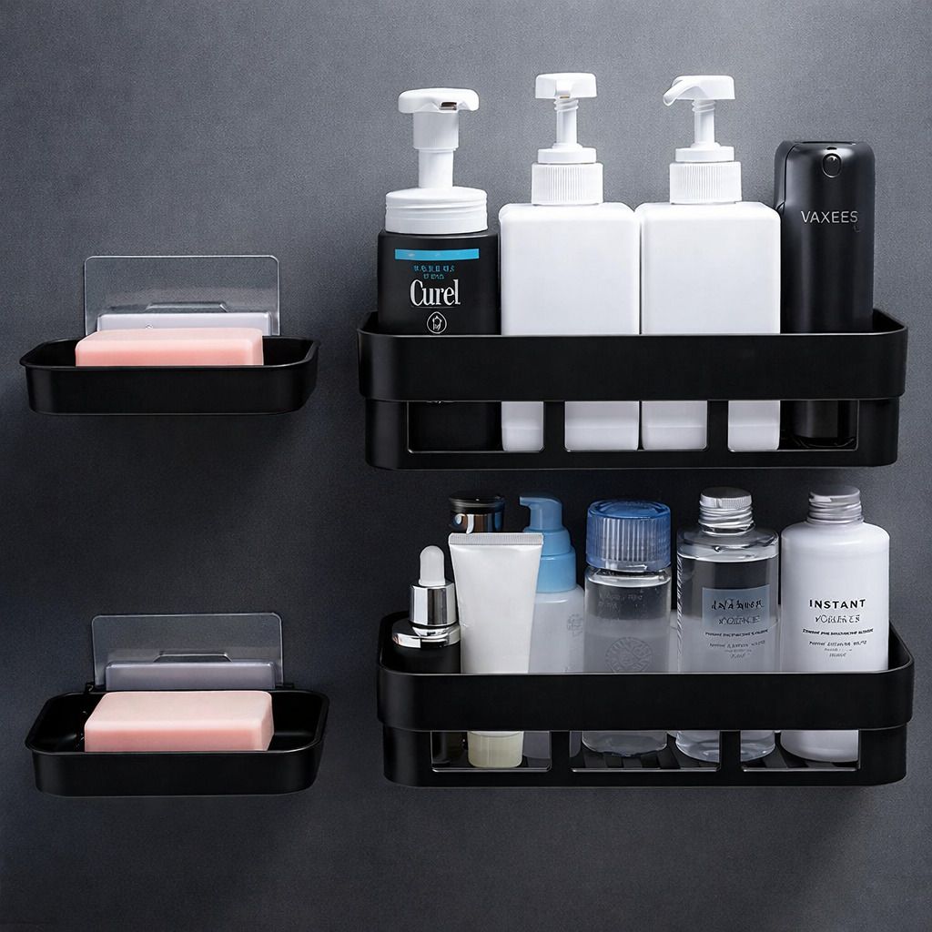 No-Drill Shelf & Accessories Set with 2 Storage Racks and 2 Soap Dishes Plastic Wall Shelf-image-18