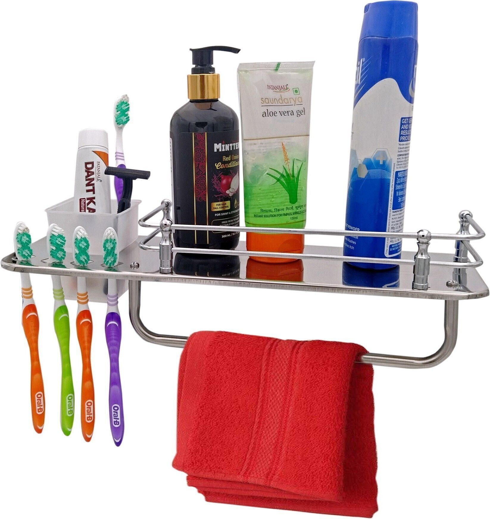 3in1 Multipurpose Bathroom Toothbrush,Tumbler & Towel Holder - Kitchen Organizer Stainless Steel Wall Shelf-image-32