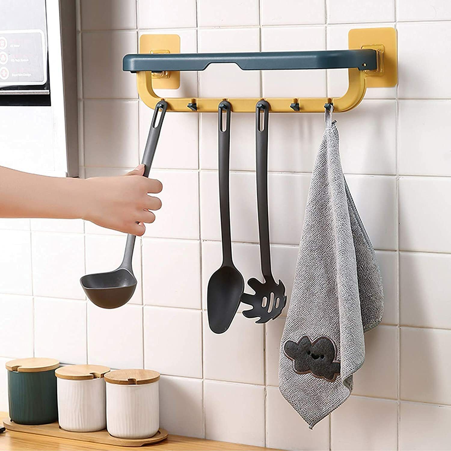 Double Layer Plastic Towel Bar for Bathroom Holder with Hook Adjustable Sticker Grey Towel Holder-image-46