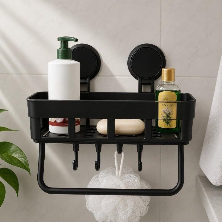 hvk Multipurpose Wall Mounted Bathroom Shelf with Towel Bar Hooks Storage Rack Plastic Wall Shelf-picture-10