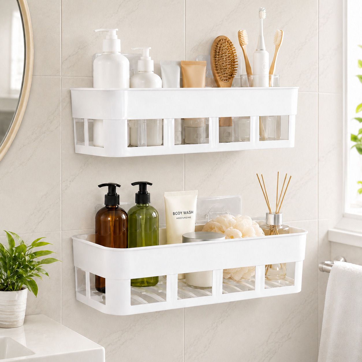 Bathroom Wall Mounted Storage Shelf | No Drill Waterproof Bathroom & Kitchen Plastic Wall Shelf-image-35