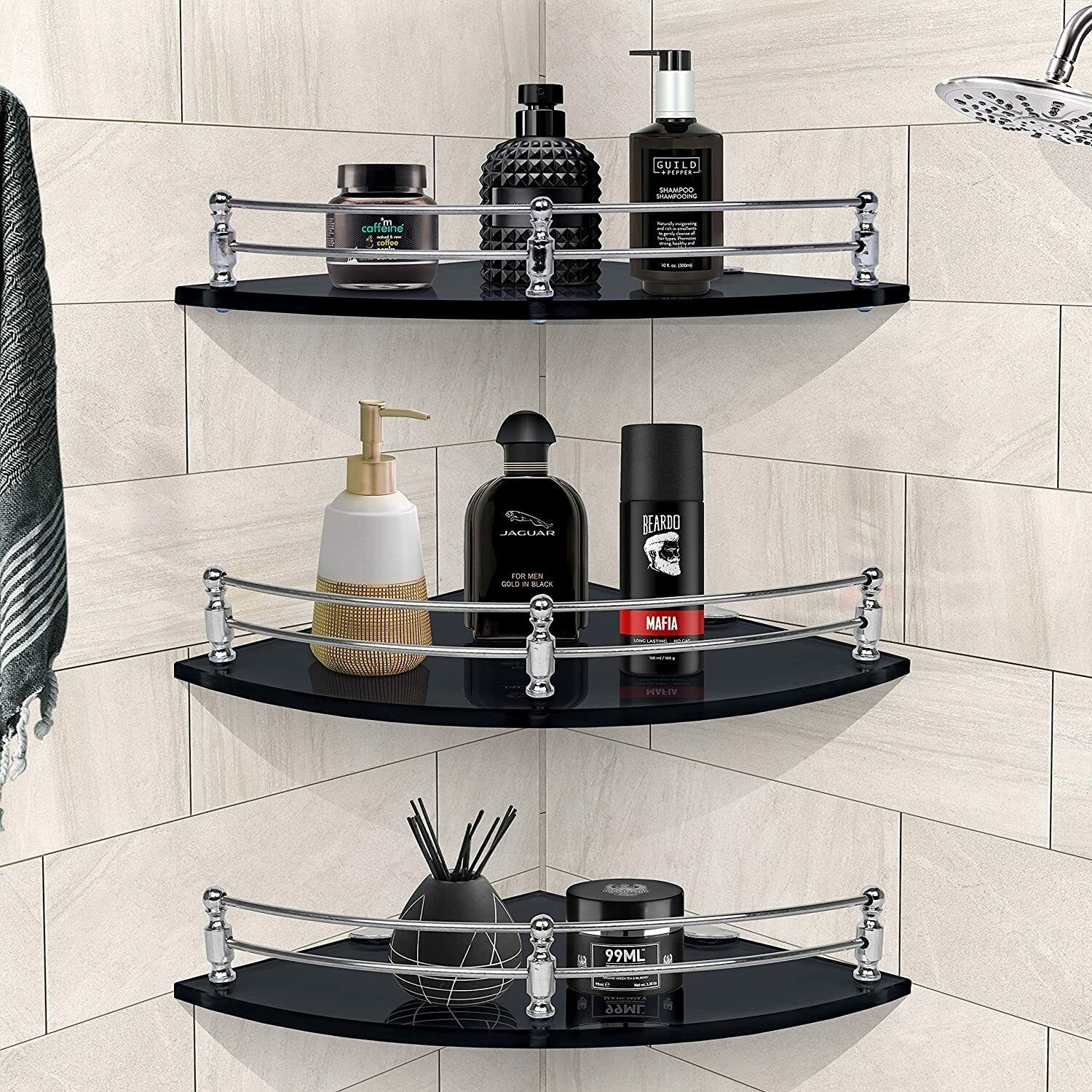 motiqo Premium Black Glass Corner Shelf for Bathroom/Kitchen/Wall Shelf/Shelves/Storage Shelf, 9X9 INCH (Round, Pack of 3) Glass Wall Shelf-picture-12