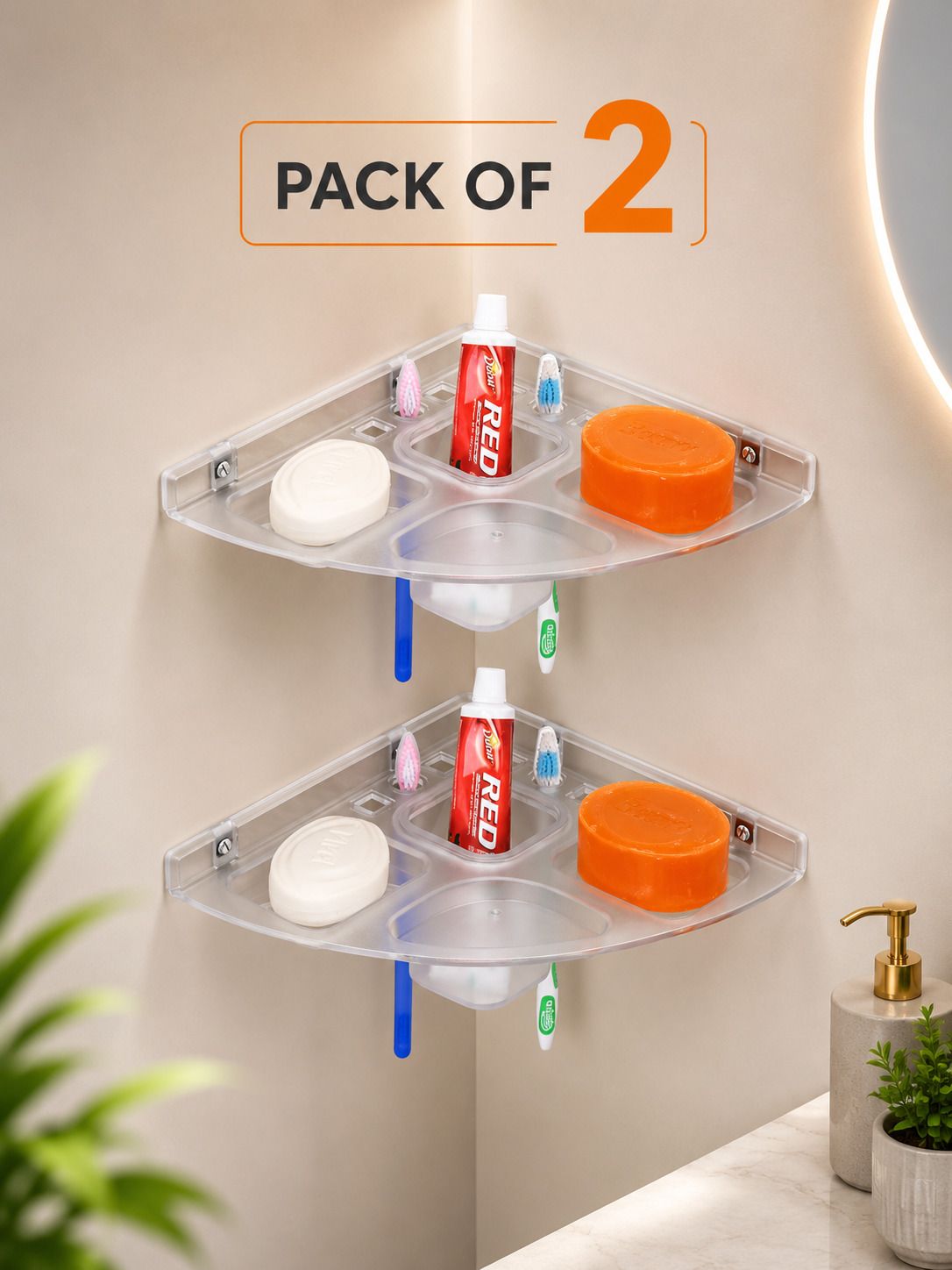 5 in 1 Multipurpose(Pack of 2)Bathroom Shelf/soap dish with Toothbrush Holder Plastic Wall Shelf-image-20