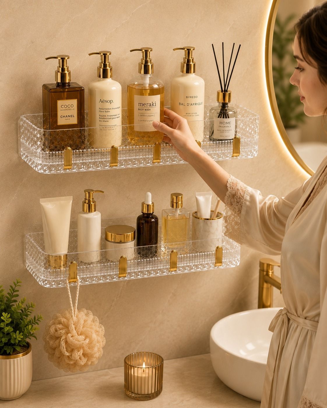 Self Adhesive Bathroom Shelf with 4 Hooks|Waterproof Bathroom Organizer (Pack-2) Acrylic, Plastic Wall Shelf-image-39