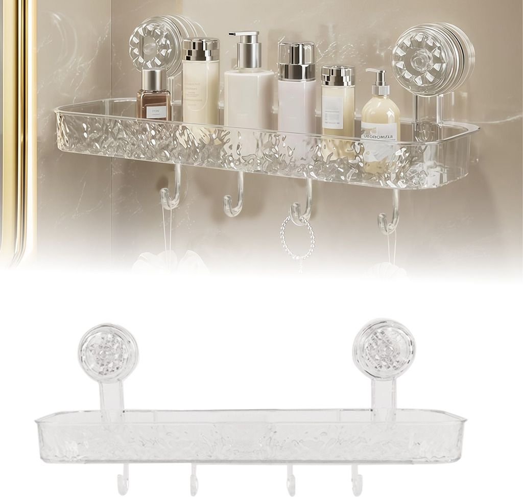 Bathroom Wall Mounted Storage Tray with Hooks and Quick Drain Design Plastic Wall Shelf-image-37