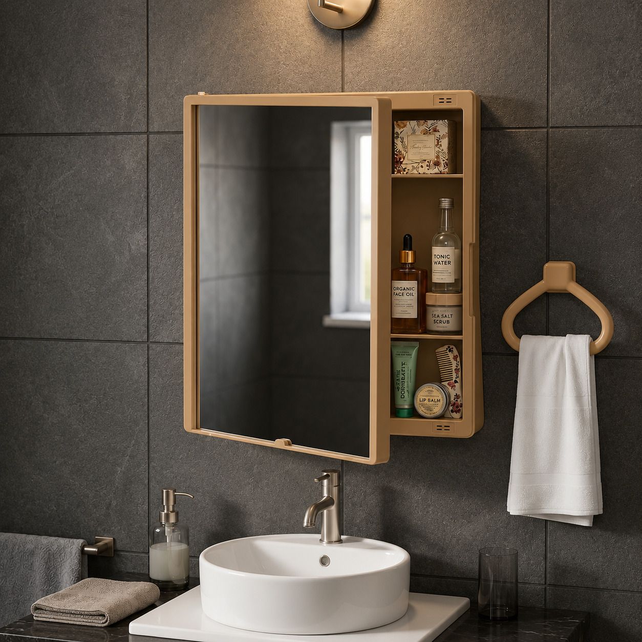 cipla plast New Rich Look Bathroom mirror Cabinet | 4 Shelves Storage | With Towel Ring | Polypropylene, Plastic, Glass Wall Shelf-picture-15