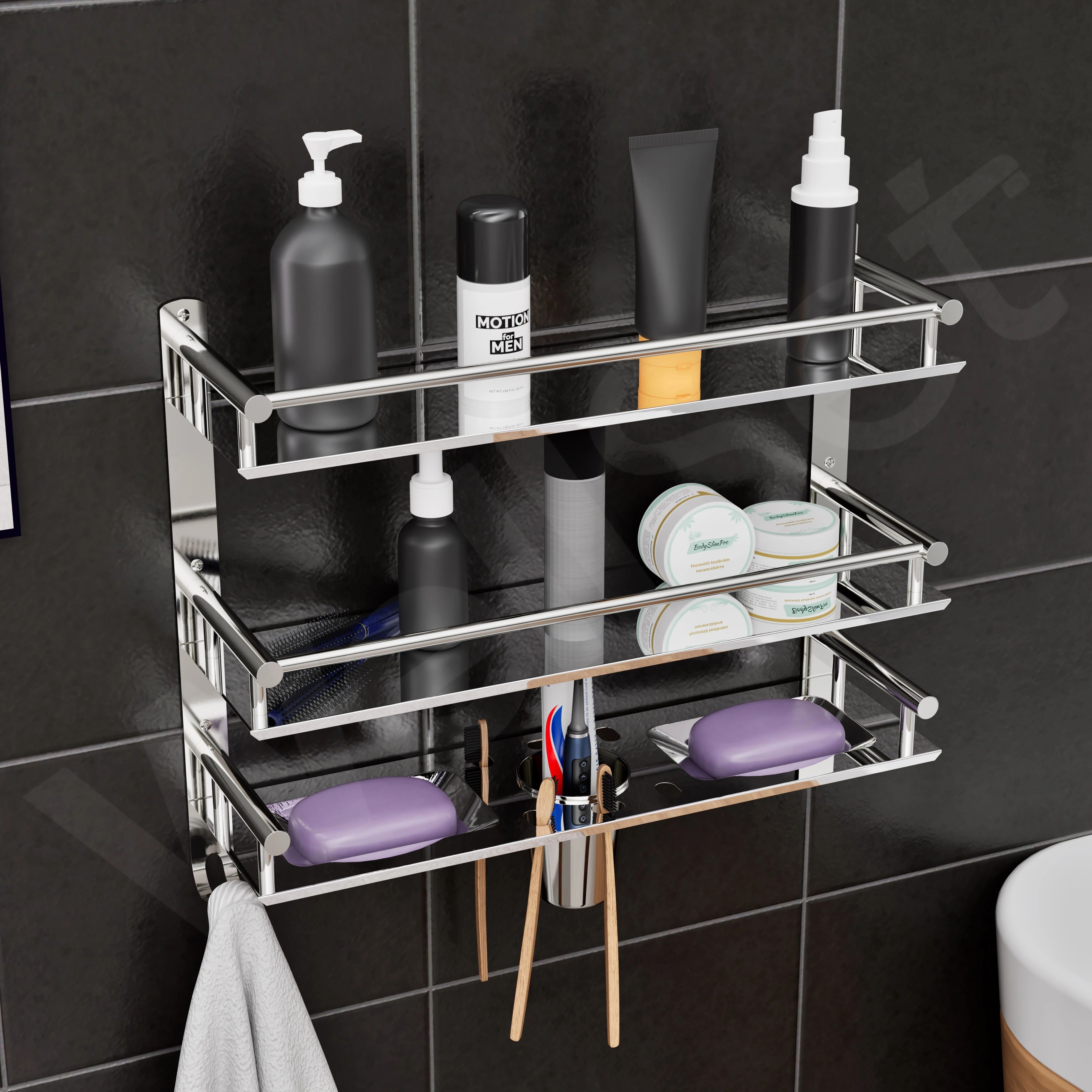 well set Multipurpose Bathroom & Double Dish&Tumbler&Soap&Tooth Brush Holder/Towel Stainless Steel Wall Shelf-picture-21