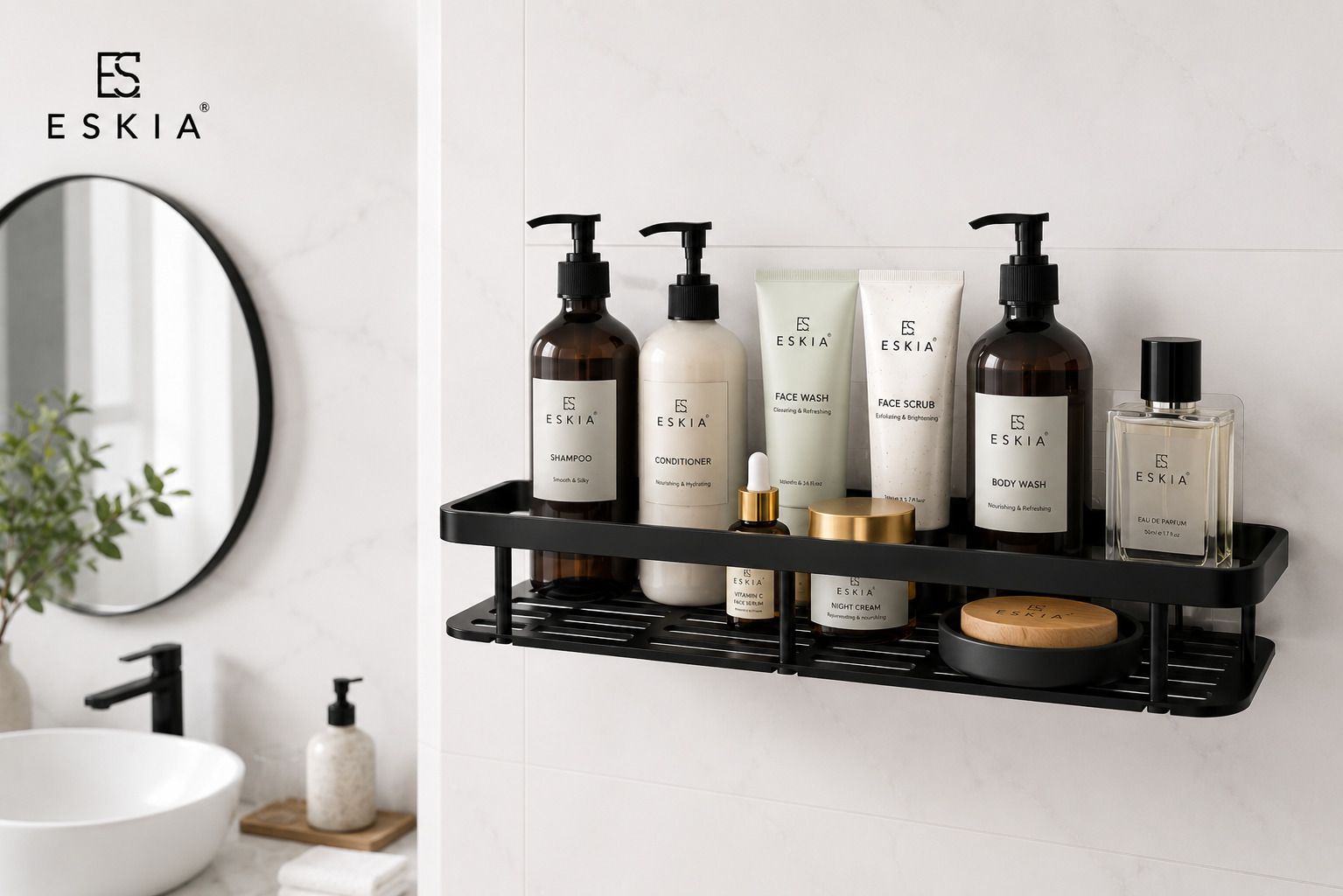 eskia Premium Black Wall Mounted Bathroom Shelf Organizer Rack Plastic Wall Shelf-picture-7
