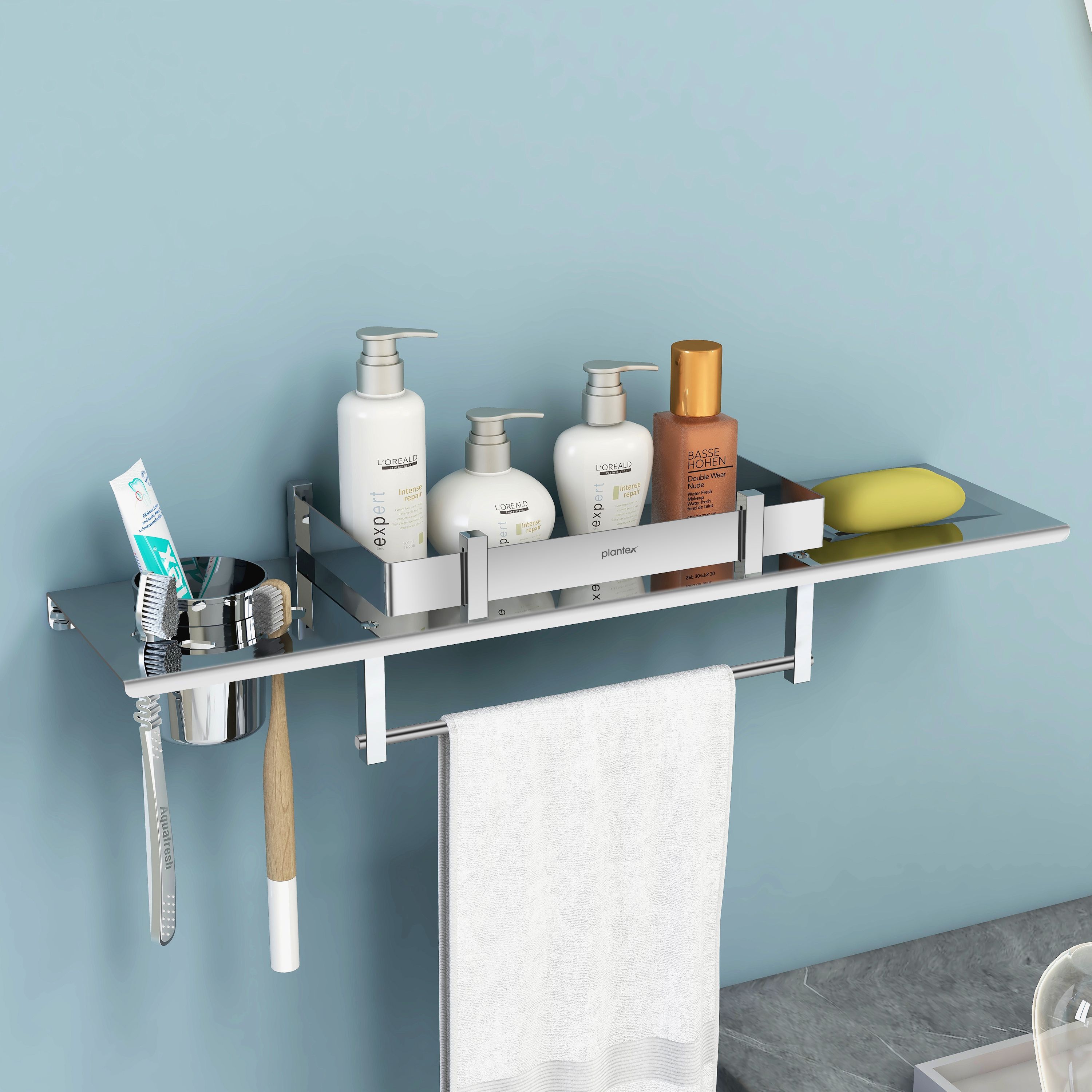plantex Stainless Steel 4in1 Multipurpose Bathroom Shelf/Rack/Towel Hanger/Tumbler Holder/Soap Dish/Bathroom Accessories (18 x 5 Inches) Stainless Steel Wall Shelf-picture-17
