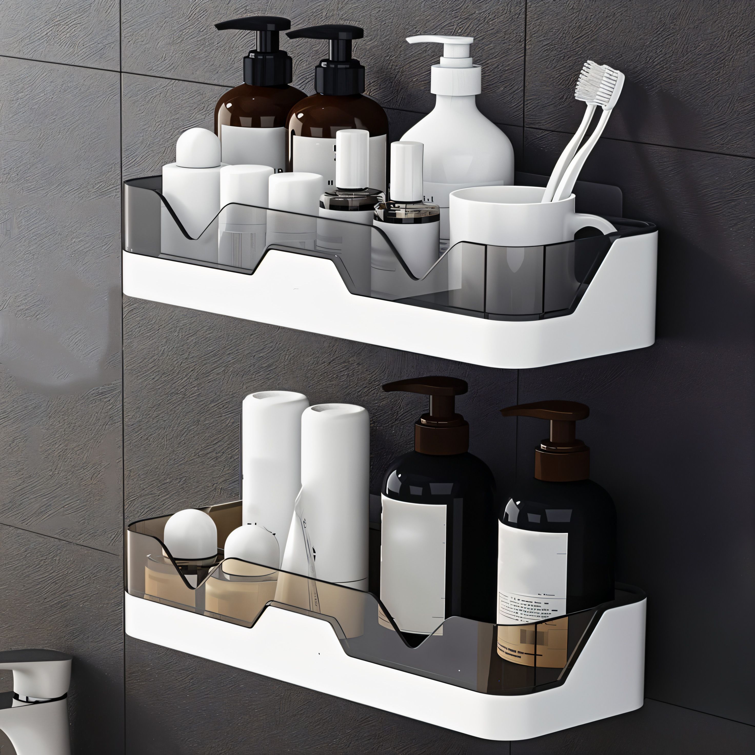 Wall Mounted Shower Shelf/Baskets, Adhesive Storage Rack for Bathroom/Kitchen Plastic Wall Shelf-image-19