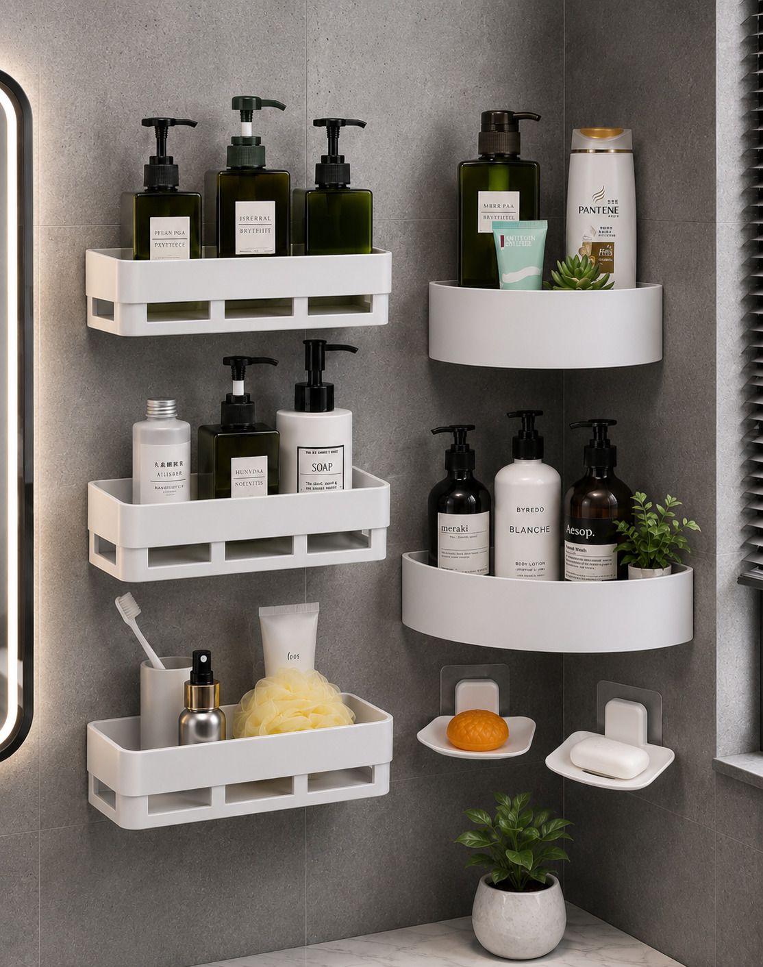 Bathroom Shelf Rack 2 Soap Dish + 2 Corner (Number of Shelves - 7, White) Plastic Wall Shelf-image-2