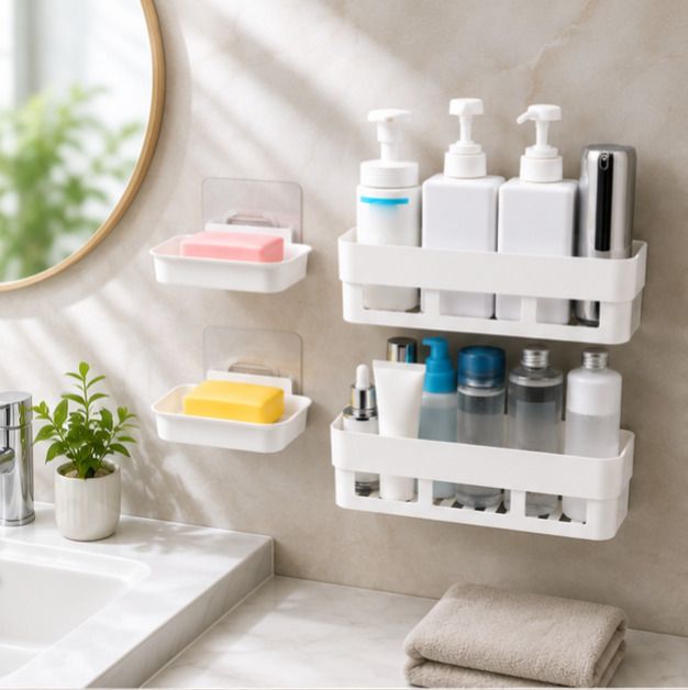 4 Set-Plastic Wall Shelf & Soap Holder Combo | Bathroom Storage Plastic Wall Shelf-image-31