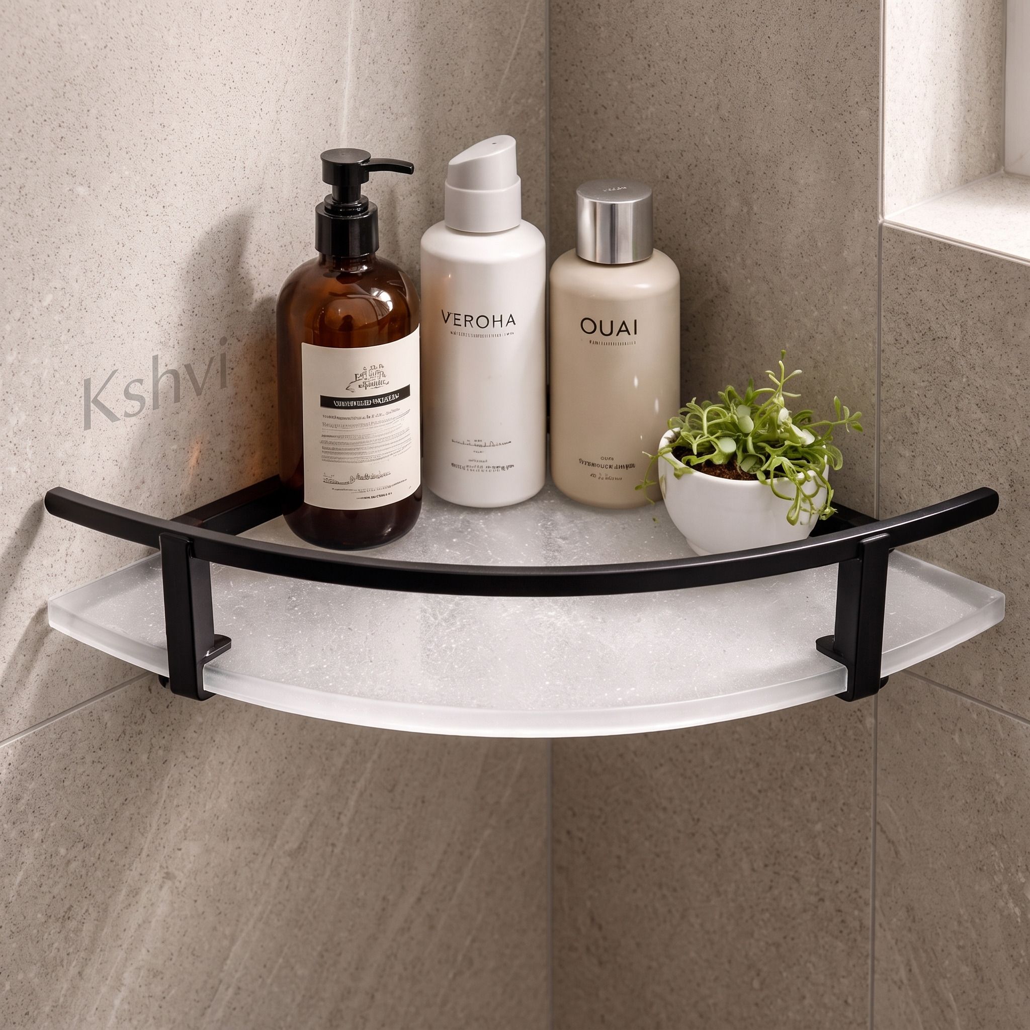 kshvi 12*12 Modern Premium Matte Acrylic Wall Mounted Bathroom Corner with Guard Rail Acrylic, Aluminium Wall Shelf-picture-11
