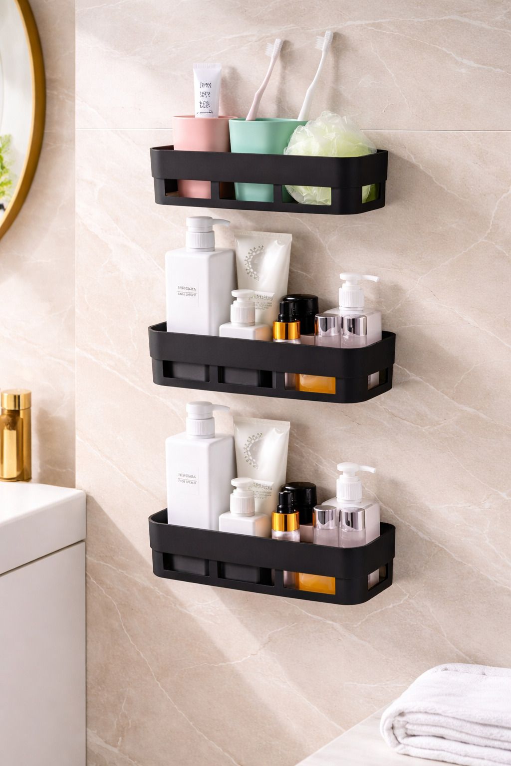 3 Pcs Multipurpose Bathroom Shelf Wall Mounted Plastic Storage Organizer black Plastic Wall Shelf-image-32
