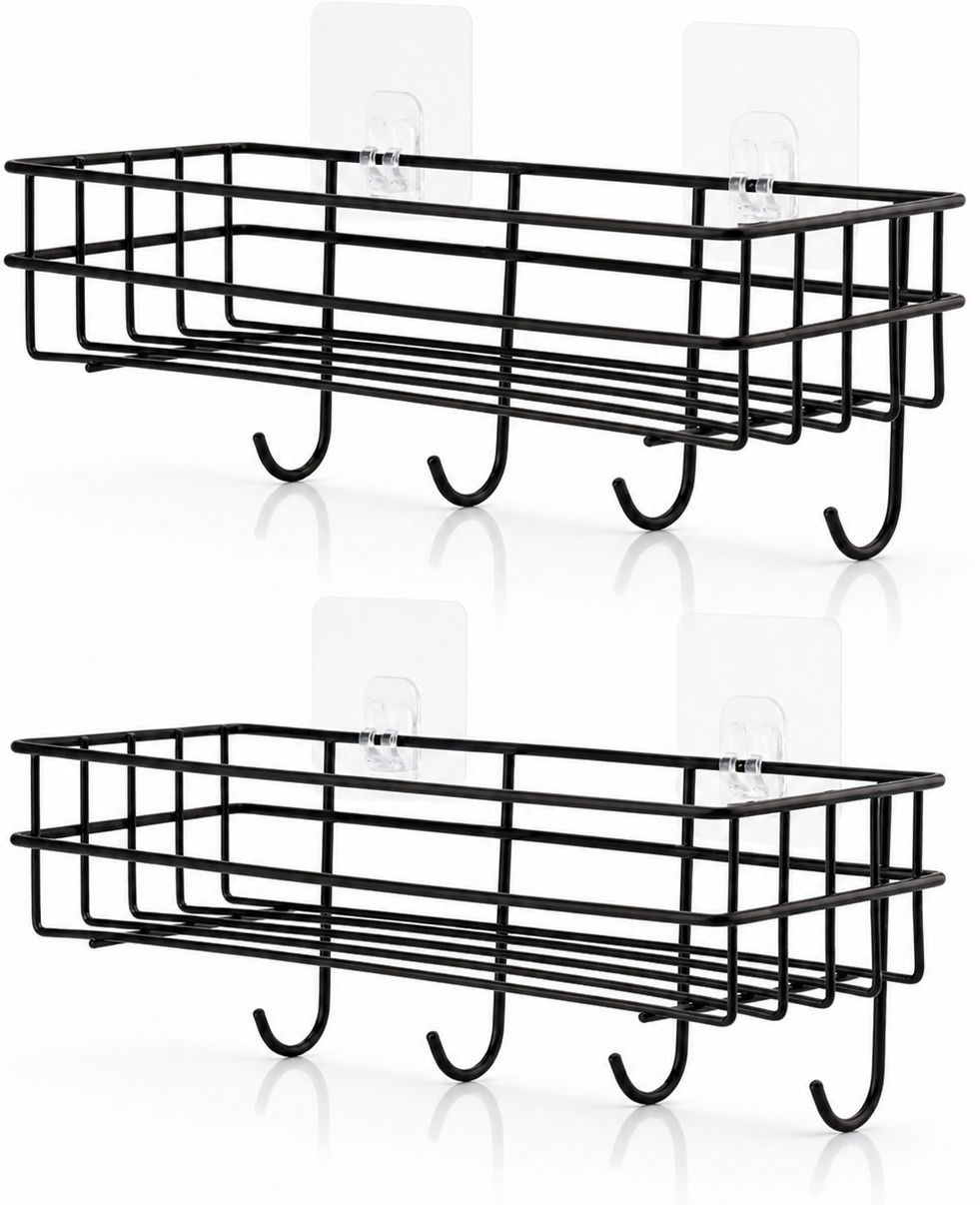 shekel art 2 Pcs Bathroom rack self with 4 hooks to hang towel and more hanging items Iron Wall Shelf-picture-24