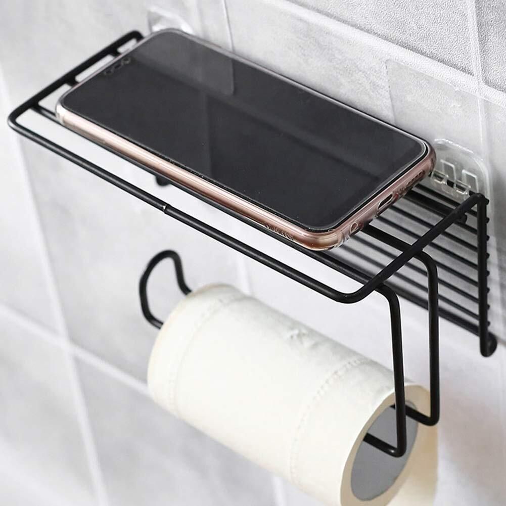 Wall Mounted Tissue Paper Holder with Mobile Stand & Storage Shelf (Black) Steel Toilet Paper Holder