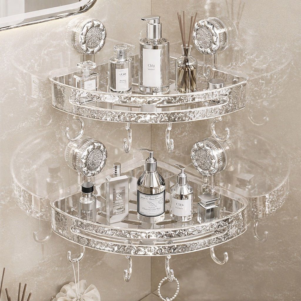 Heavy Duty Wall Mounted Suction Acrylic Bathroom Storage Corner Shelve Rack Acrylic Wall Shelf-image-43
