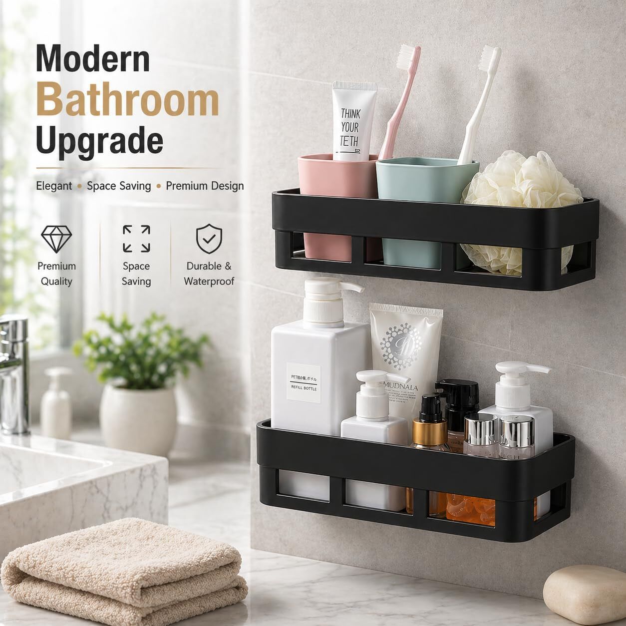hvk Wall Mounted Bathroom Shelf No Drill Adhesive Plastic Storage Organizer Rack Plastic Wall Shelf-picture-31