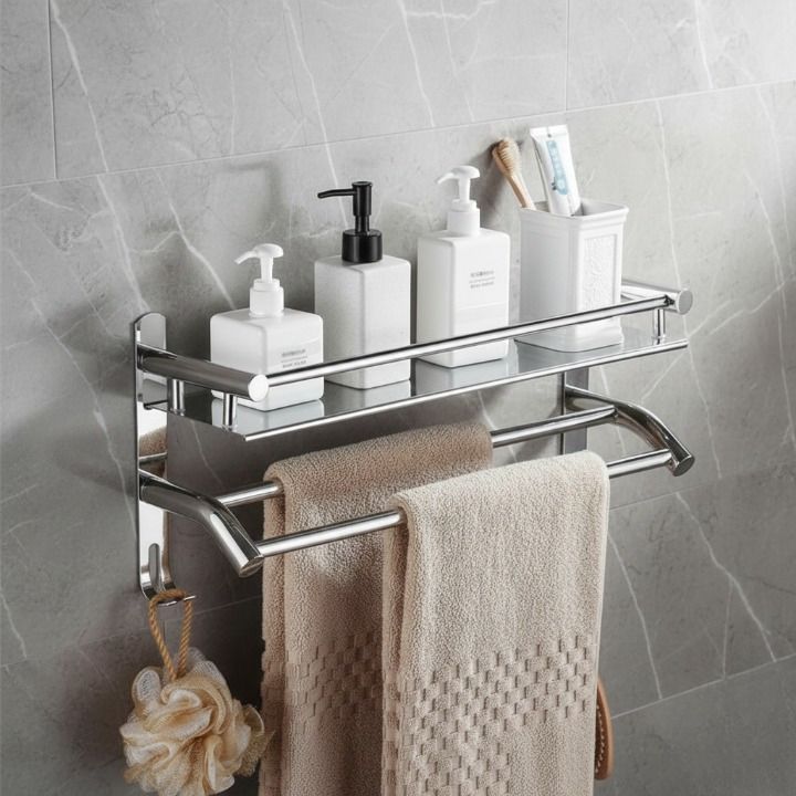 anju Stainless Steel Wall-Mounted Towel Rack with Shelf & Hooks Stainless Steel Wall Shelf-picture-25