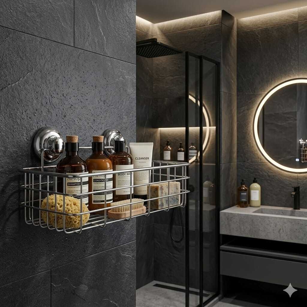 LARGE Kitchen & Bathroom Organizer Stainless Steel Suction Wall Mount Storage Stainless Steel Wall Shelf-image-46