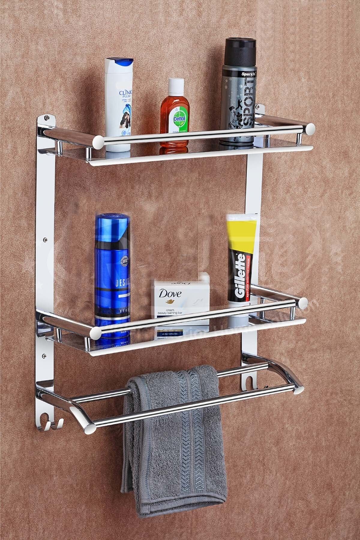 Multi use Rack Stainless Steel Bathroom Shelf 16 inch 3 Bar Towel Rod-image-17