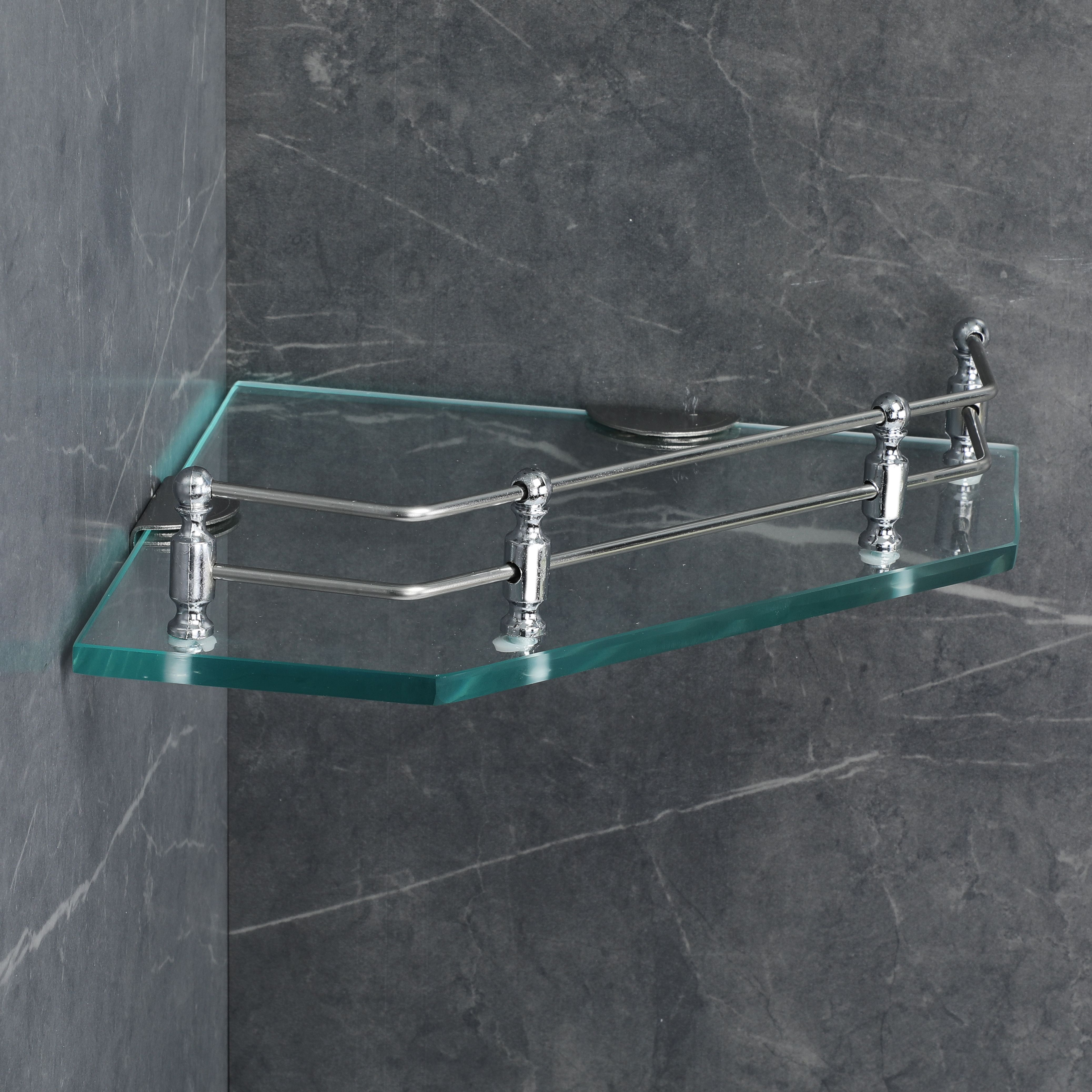 Diamond Transparent Glass Storage Corner Shelf, Bathroom Shelves (9 X 9 Inch) Glass, Stainless Steel Wall Shelf-image-20
