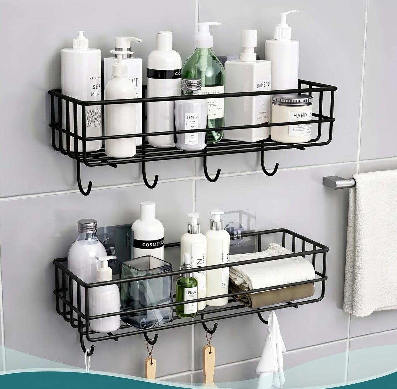 Bathroom Storage Basket Shelf with Hooks for Daily Use Items Iron Wall Shelf-image-27