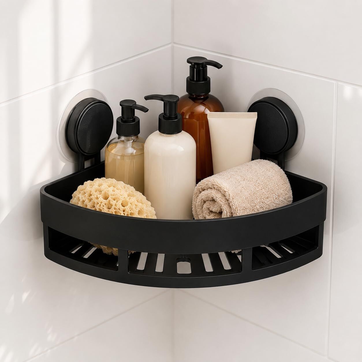 hvk Bathroom Corner Shelf No Drill Black Suction Shower Caddy Waterproof Storage Plastic Wall Shelf-picture-35
