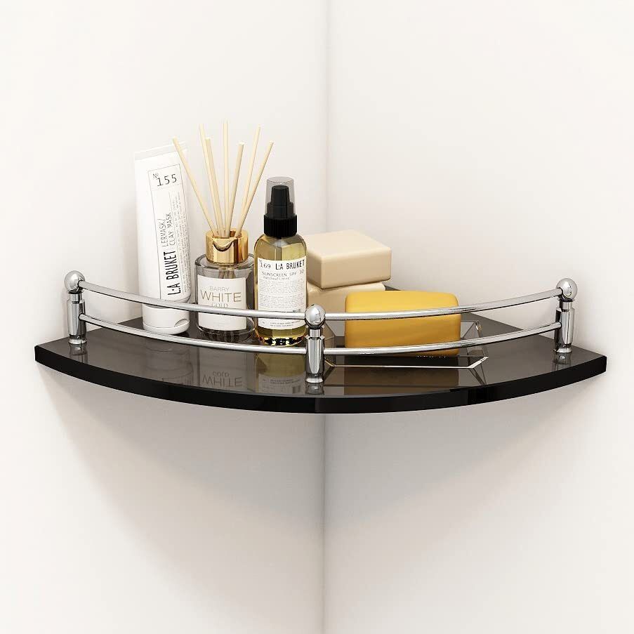 Glass Corner/Bathroom/Kitchen Shelf -9 X 9 Inches -Black -Wall Mount Glass Wall Shelf-image-45