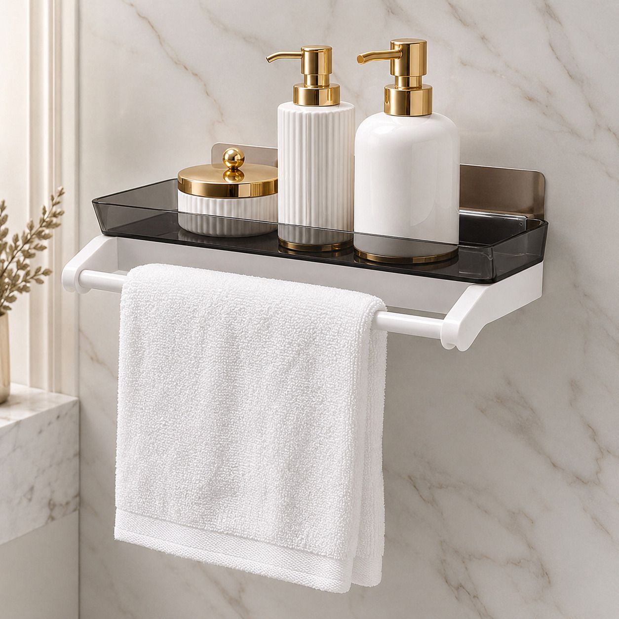 eskia Wall Shelf Rack No Drilling Bathroom Storage Shelf with Towel Bar Rack Plastic Wall Shelf-picture-2