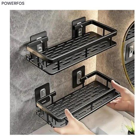 powerfos Bathroom Wall Shelf Organizer 30cm Black Adhesive Storage Rack with Kit (2 Pc) Plastic Wall Shelf-picture-10