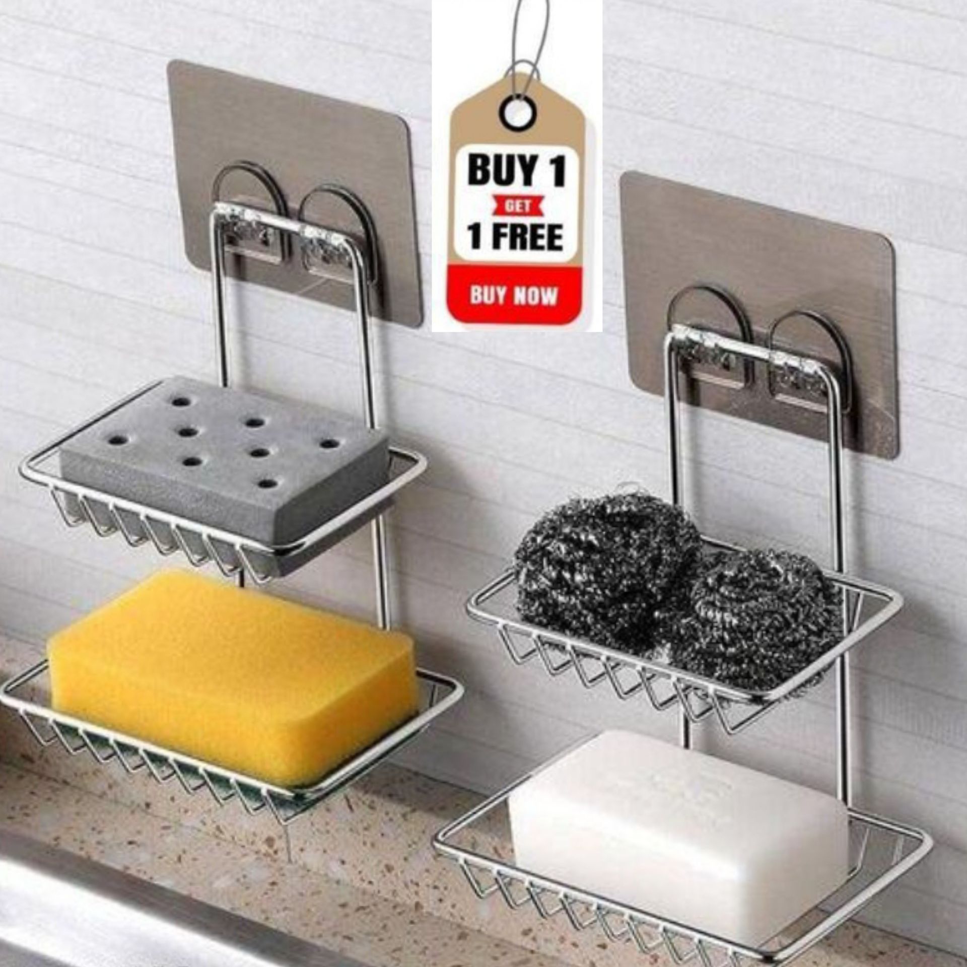 Wall Mounted Double Layer soap Dish Holder for Kitchen Bathroom (Pack Of-2) Stainless Steel Wall Shelf