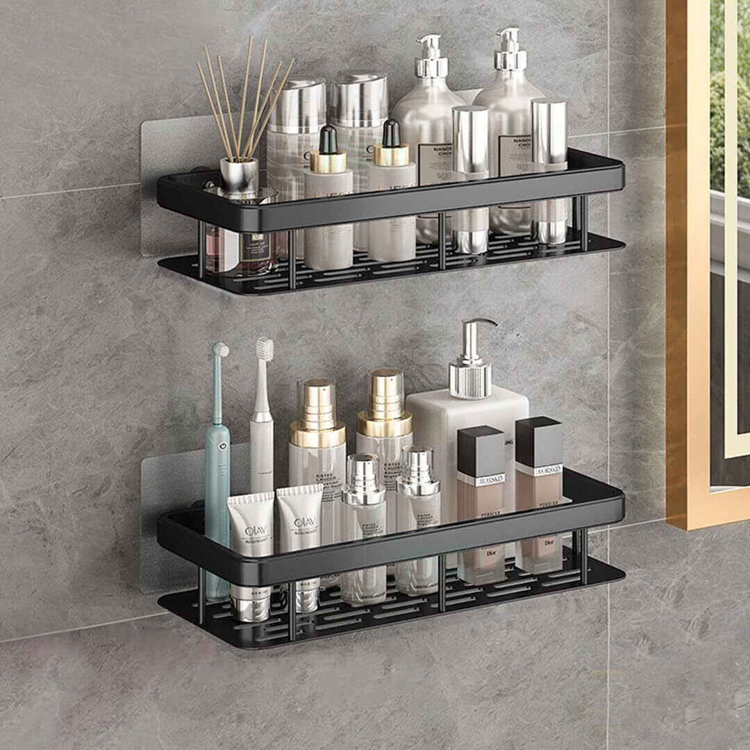 Bathroom Wall Shelf Organizer 30cm Black Adhesive Storage Rack with Kit Plastic, Steel Wall Shelf