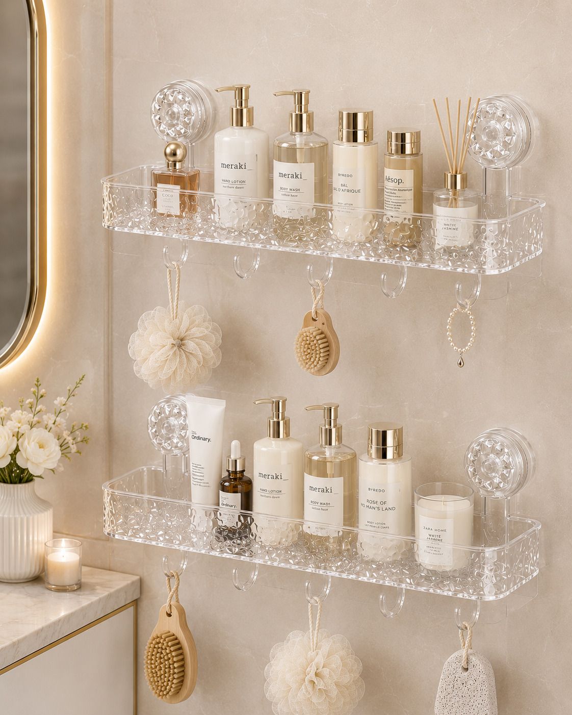 Suction Bathroom Shelf with 4 Hooks|Waterproof Bathroom Storage Organizer,Pack-2 Acrylic, Plastic Wall Shelf-image-25