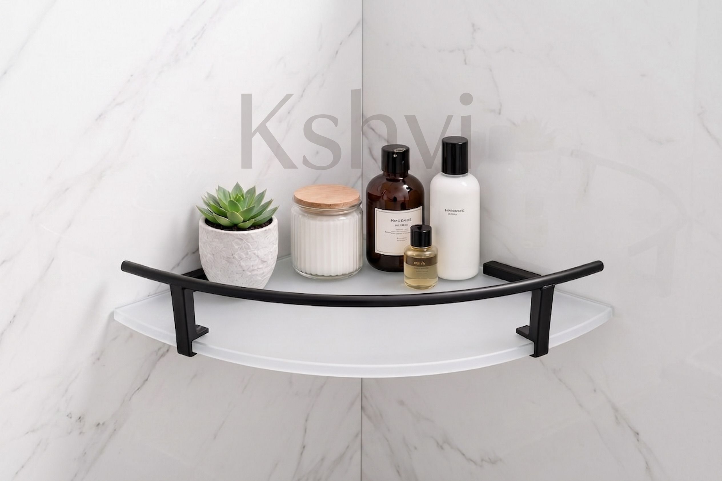 kshvi 8*8 Modern Matte Acrylic Wall Mounted Bathroom Corner with Black Guard Rail Acrylic, Aluminium Wall Shelf-picture-37