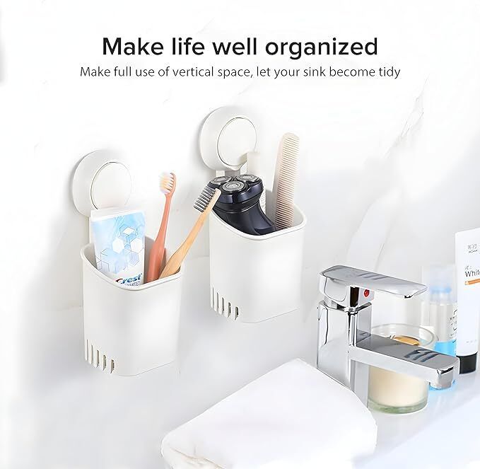 Toothbrush Holder Wall Mount Holder for Toothpaste, Shaver Makeup Brush Plastic Wall Shelf-image-14