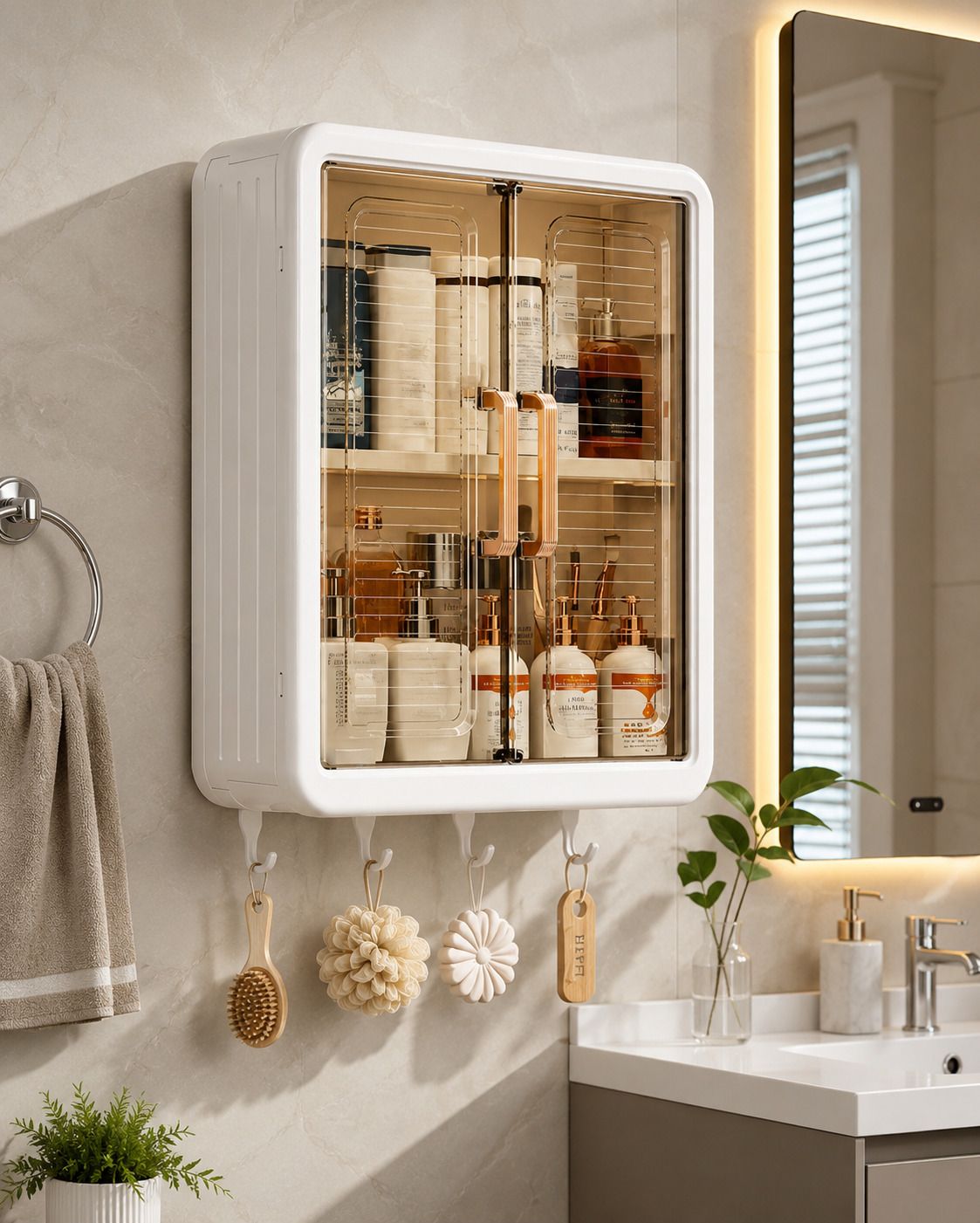 Premium Wall Mounted Bathroom Storage Cabinet with Transparent Double Door Plastic Wall Shelf-image-33