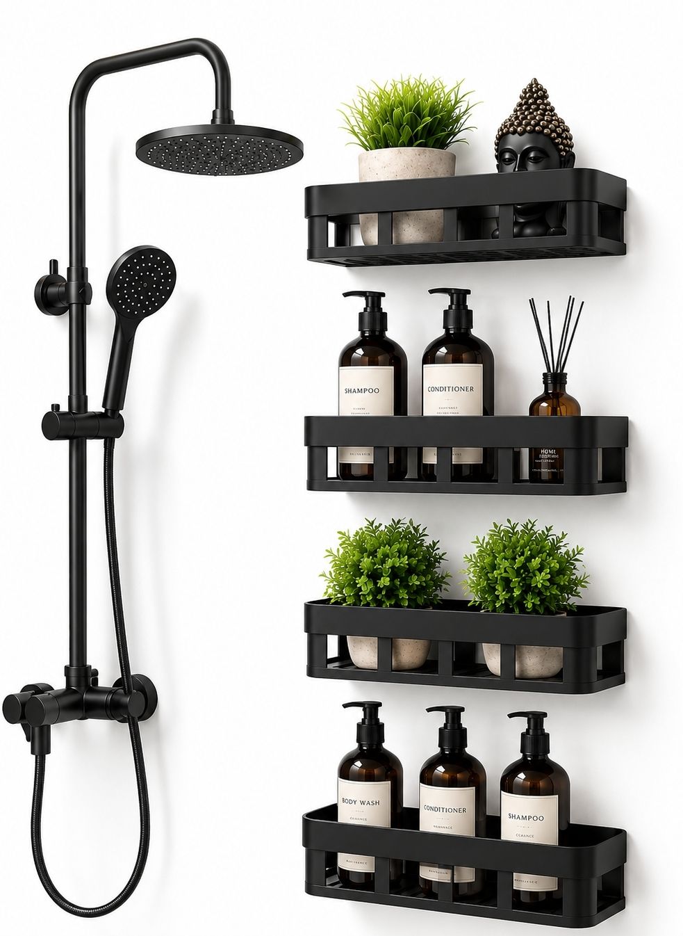 hventerprise 4 PCS Bathroom shelf shelves with sticker Plastic Wall Shelf Black Plastic Wall Shelf-picture-23