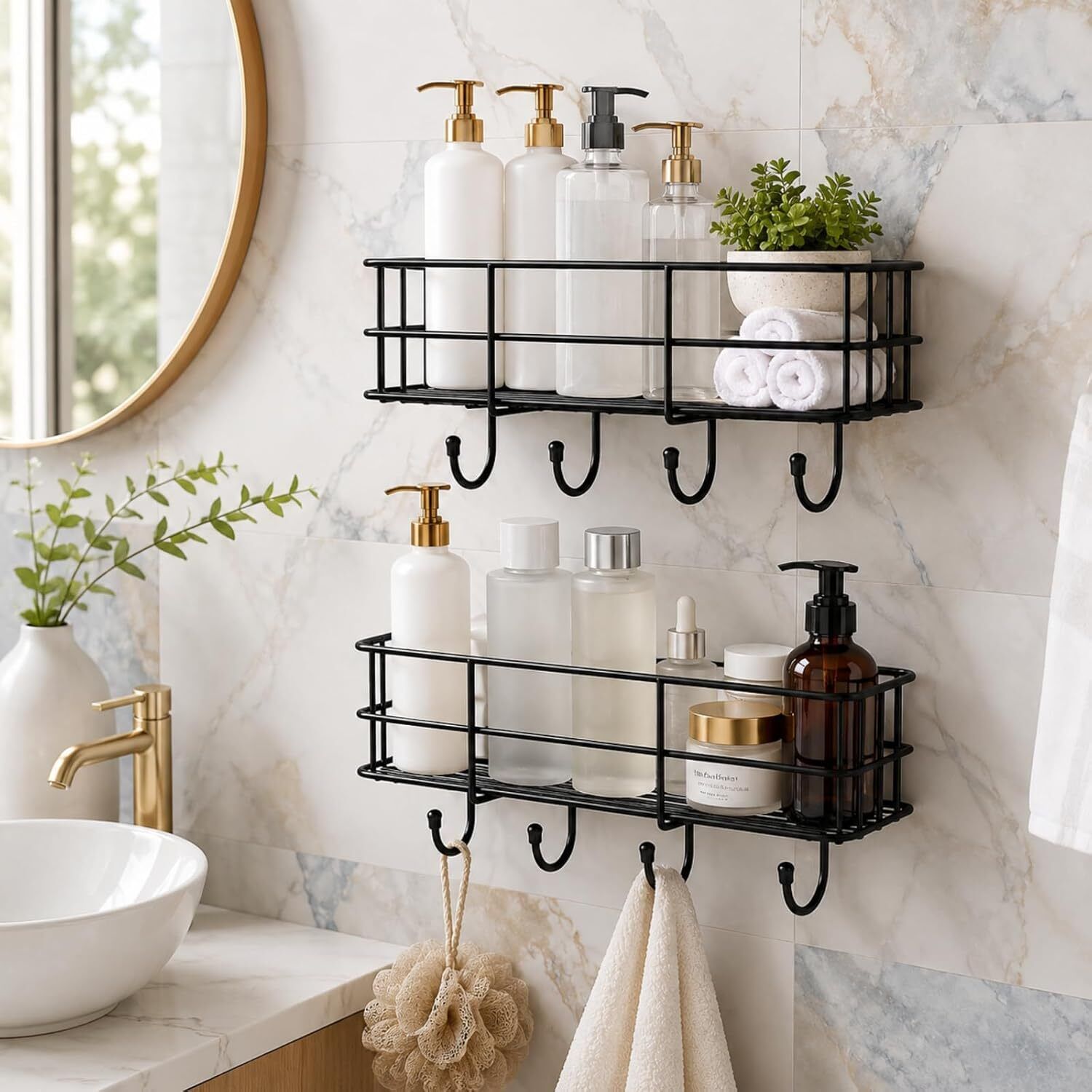4 Hooks Rust Proof Storage Drill Free Space Saving Holder for Bathroom Home Iron Wall Shelf-image-21