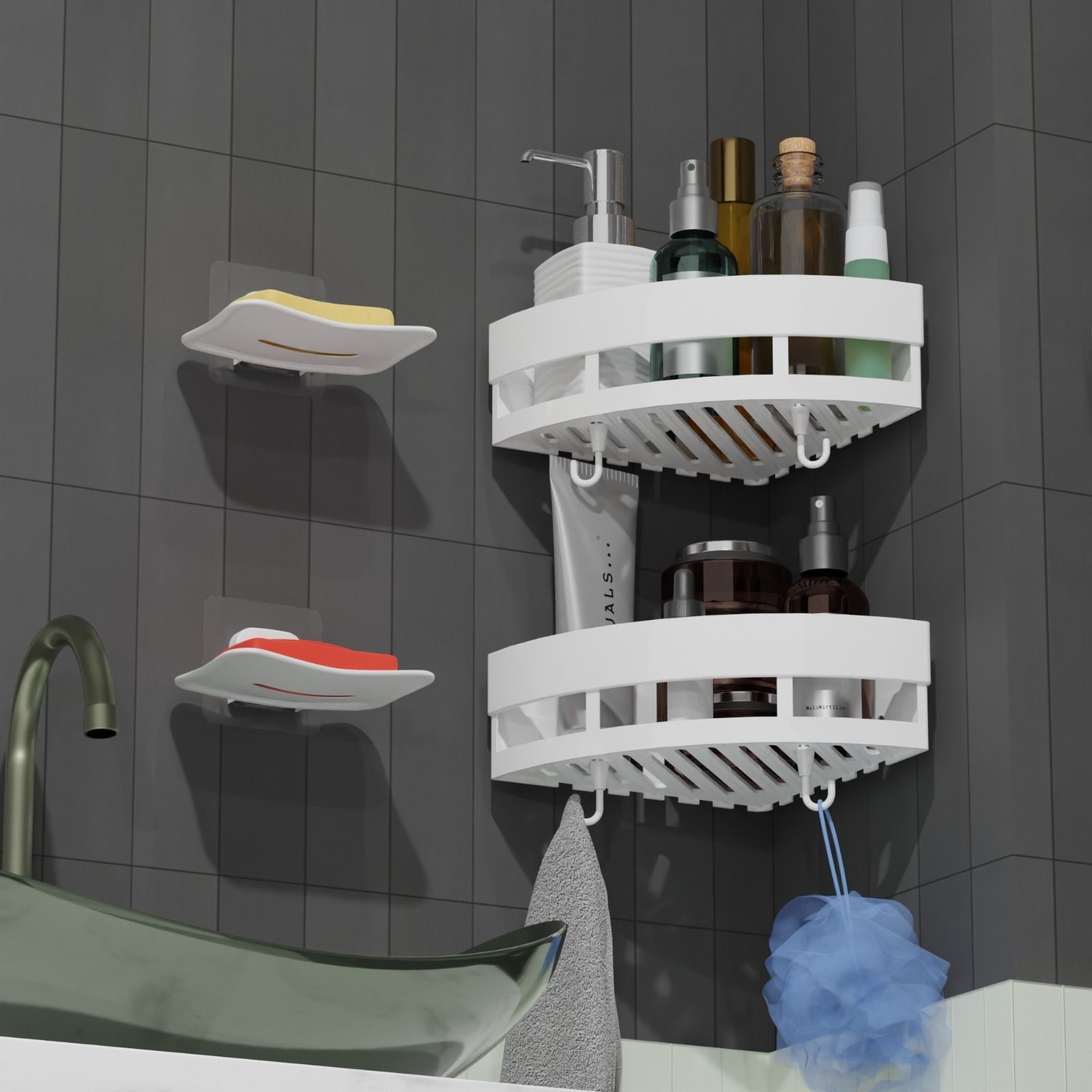 4 PCS Wall-Mounted Corner and Soap Stand Shower Caddy Organizer Plastic Wall Shelf-image-14