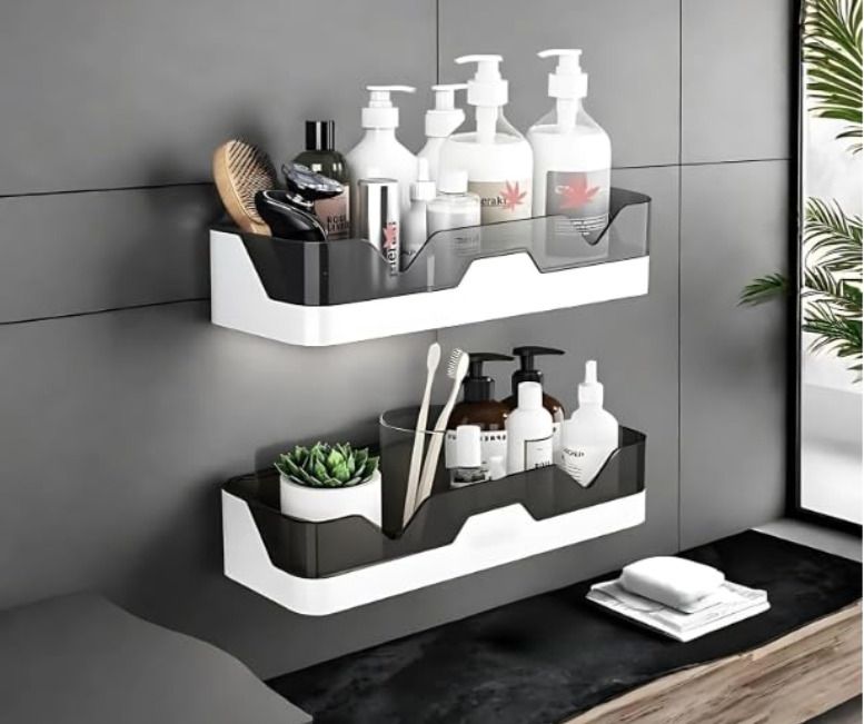 Self Adhesive Wall Mounted Bathroom Storage Shelf Shampoo Soap Holder Rack Plastic Wall Shelf-image-27