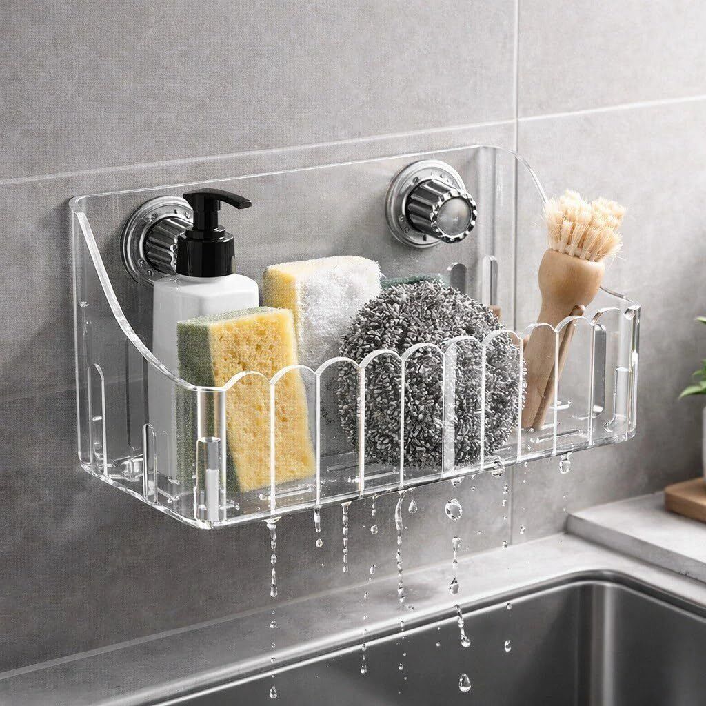 Sponge Holder for Kitchen Sink with Strong Suction Cup Acrylic Wall Shelf-image-31