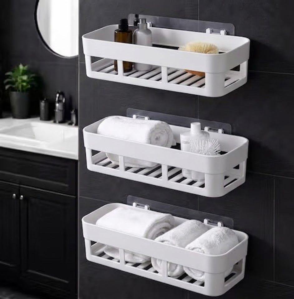 Bathroom Shelf No Drilling Adhesive Bathroom Storage Rack Organizer 3PCS Plastic Wall Shelf-image-25
