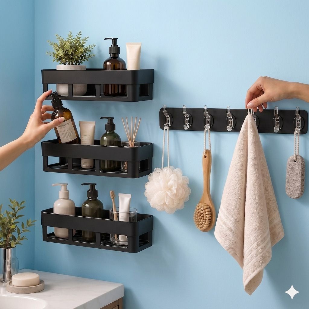 Modern Black Bathroom Rack Shelves and 6 Hook Rail Combo Pack 4 Plastic Wall Shelf-image-0