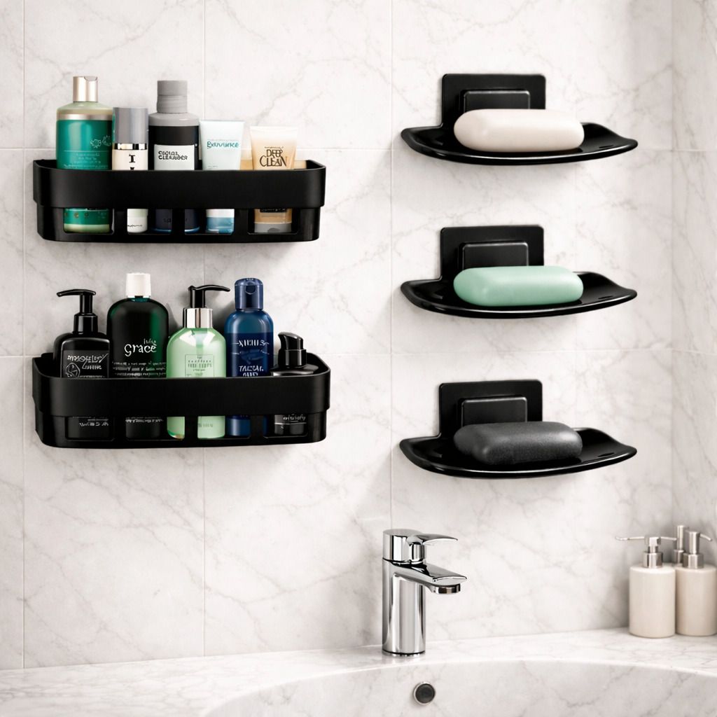 black bathroom wall shelf plastic with curve soap dish Plastic Wall Shelf-image-23